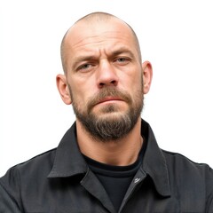 Obraz premium portrait of male mechanic with slight grease mark on face, work jacket collar visible, isolated on white