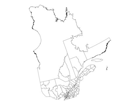 Quebec / Qu&eacute;bec, Canada: Census Divisions Map - Detailed Outline, Black Lines, Transparent SVG/PNG - Regional County Municipalities (MRC).