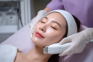 A woman receiving a facial treatment with a device in a beauty salon, showcasing skincare and wellness procedures.