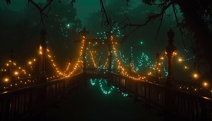 Fototapeta premium Illuminated bridges gracefully connecting breathtaking mountain peaks under a starry night sky