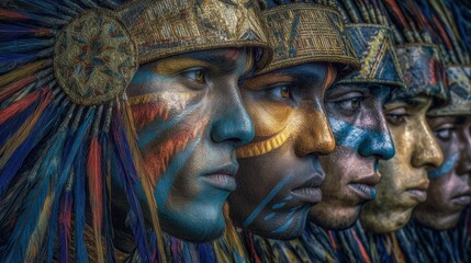 Fototapeta premium Indigenous performers in vibrant ceremonial attire and face paint