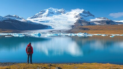 Hiker faces glacier, icy lake
