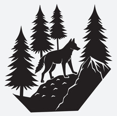 wolf climbing rocky trail between trees silhouette vector art illustration, wolf in the forest
