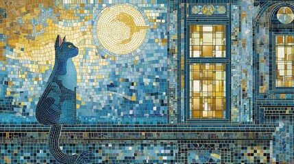 stylized mosaic cat sitting on windowsill, moonlight outside, blue and yellow tiles