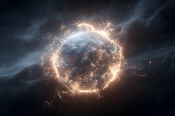 A celestial body engulfed in a fiery explosion with intense flames and sparks radiating outwards against a dark cosmic background