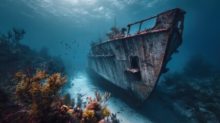 sunken shipwreck covered in algae and corals, deep blue sea atmosphere