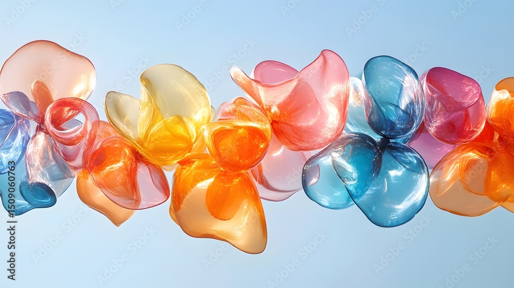Poster A vibrant abstract composition featuring multicolored, translucent shapes against a soft background. The composition creates a sense of fluidity and playful movement in an abstract theme.