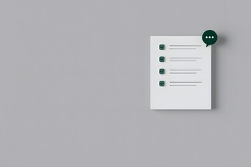A minimalist image featuring a white document with green checkmarks and a speech bubble icon on a plain gray background