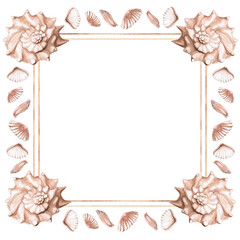 Square frame with various shells. Isolated watercolor illustration for restaurant menu design, interior, wedding cards, poster printing.