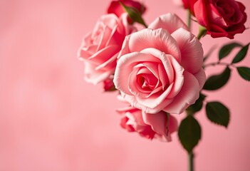 Fototapeta premium Roses on soft pink background with gentle lighting
