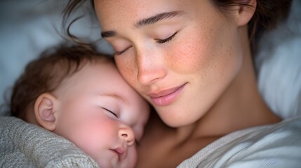 A serene and tender moment captured between a young mother with freckles and her sleeping baby, both wrapped in soft blankets and sharing a peaceful embrace.