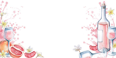 Rectangular frame with a bottle of wine, glasses, grapefruit on a splash background. Isolated watercolor illustration for restaurant menu design, interior, wedding cards, poster printing.