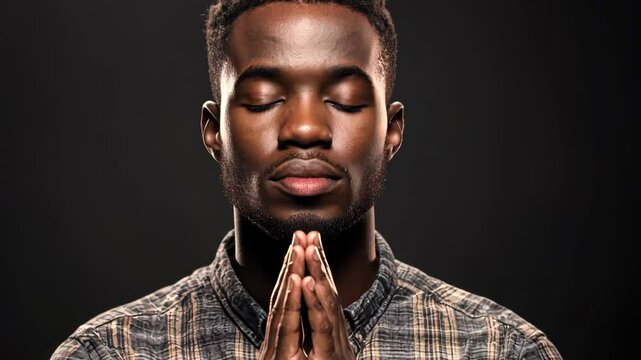 Young adult Black man praying with hands clasped, hope, spirituality, faith. Calm.