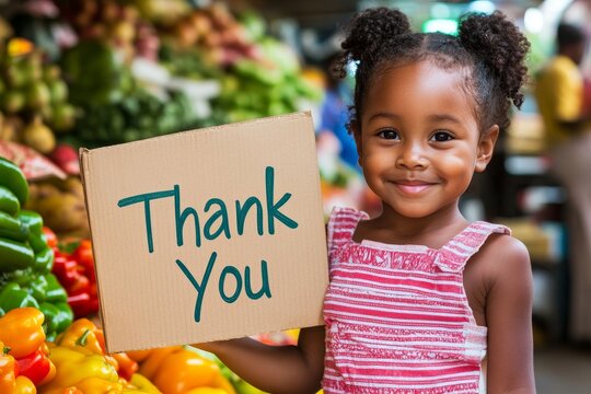 A young girl stands in a tomato-rich food market, holding a "Thank You" sign, highlighting themes of gratitude and volunteer work in community service or local charity initiatives, and driving