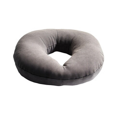 A soft, grey, and inviting travel pillow for supreme comfort and relaxation. The pillow's plush texture and circular shape highlight its ergonomic design, promising relaxation during long journeys. 