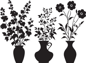 Silhouette Flowers in Vases: Floral Arrangement Vector Art, Botanical Illustration, Black and White Design