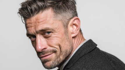 Confident man in modern suit exudes charm with sly smile and wink on white background