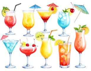 Watercolor painting of twelve assorted cocktails in various glasses