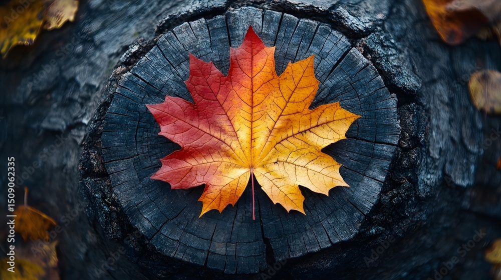 Poster vibrant maple leaf transitions from red to yellow resting on a dark wood surface, presenting an abst