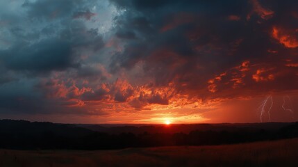 sunset sky turning stormy with distant thunderclouds and faint lightning