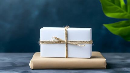 White Gift Box Tied with Twine on Kraft Paper Books