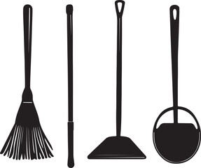 Black and White Vector Illustration of Cleaning Tools: Broom, Duster, and Dustpan Set