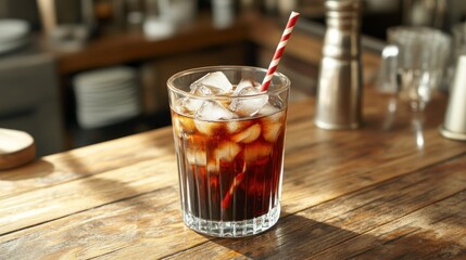 Iced coffee drink in glass with red straw on wooden bar