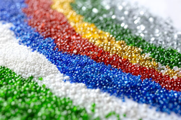Fototapeta premium Colorful Plastic Granules Close-up, Raw Material, Polymer, Manufacturing, Industry, Rainbow, Texture, Material Science