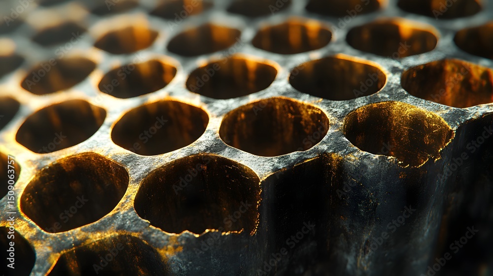 Poster a macro shot of a metallic honeycomb structure, illuminated by a golden light, creating a striking c