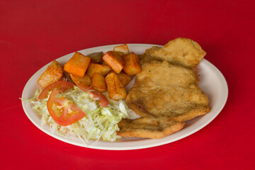 A beautifully presented chicken fillet accompanied by crispy potatoes and fresh salad, arranged on a light-colored plate with a vibrant red background enhancing its appeal.