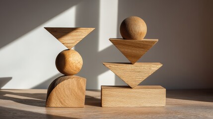 wooden 3D geometric figures stacked in balance, natural light and clean surface