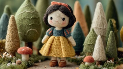 Snow White doll made from yarn stands in a colorful felt forest with stitched trees