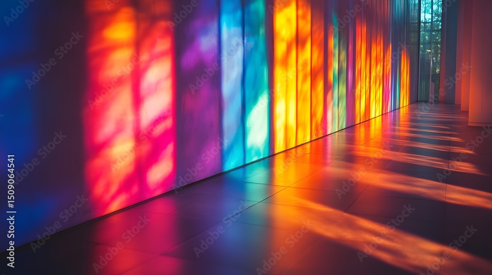 Poster abstract theme: vivid rainbow light filters through panes, casting colorful shadows and reflections.