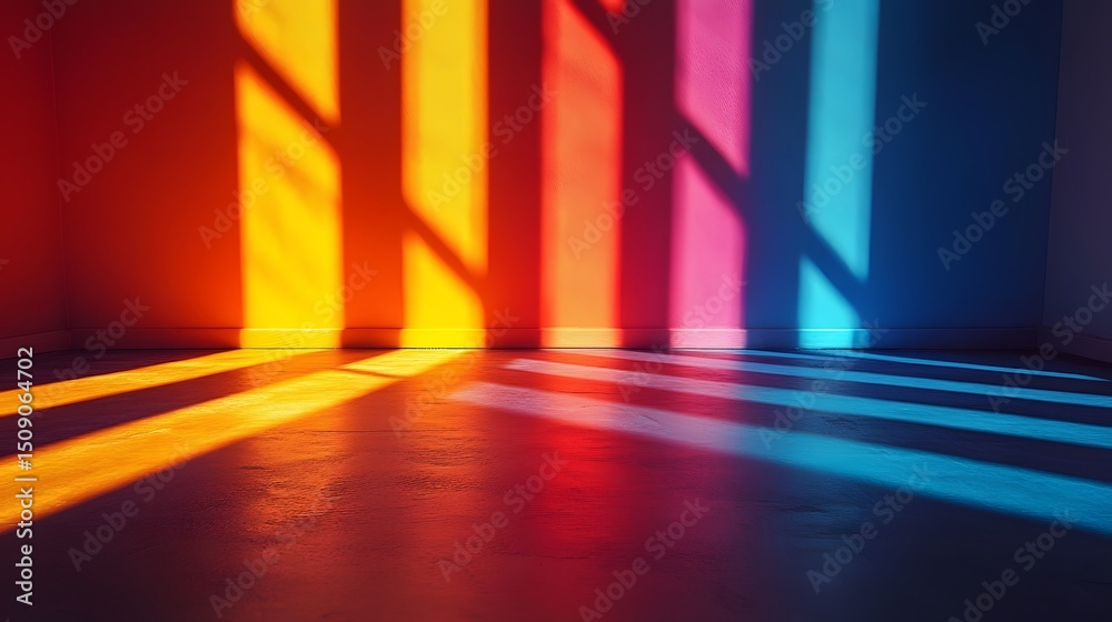 Poster A vibrant abstract composition featuring a spectrum of colored lights casting stark shadows across the wall and floor, creating an eye-catching gradient effect with a modern aesthetic.