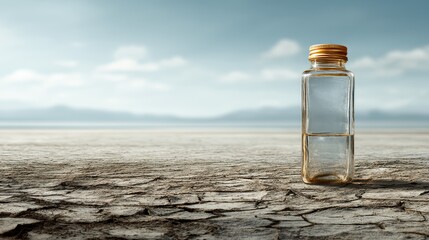 eco bottle standing on dry cracked earth, heat haze and minimalist sky