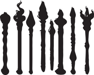 Fototapeta premium Silhouette Illustration of Fantasy Wands, Magic Staffs, Wizard Tools, Black and White Art