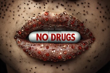 A close-up image of lips with a glossy, glittery texture and a pill-shaped object between them that reads NO DRUGS in bold red letters.
