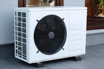 Outdoor Air Conditioner Unit Close-up, AC System, Climate Control, Home Cooling, HVAC, Appliance, Technology, Exterior