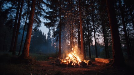 Obraz premium evening campfire in woods with sparks and glowing orange light, summer camping mood