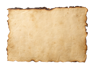 Close up shot of an aged paper with burnt edges isolated on a transparent background	 in a horizontal format
