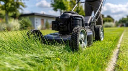 Black lawnmower cutting lush green grass, leaving a neat, trimmed edge, showcasing a well-maintained lawn.