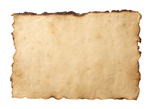 Close up shot of an aged paper with burnt edges isolated on a transparent background	 in a horizontal format