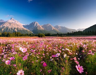 Fototapeta premium serene cosmos flower field against majestic mountains