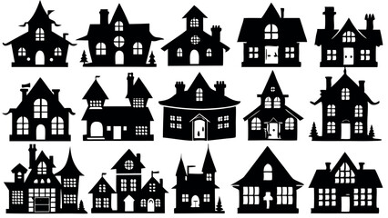Fototapeta premium Collection of black silhouettes of houses and mansions