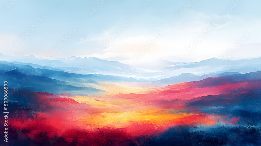 Poster a visually stunning abstract landscape painting, showcasing layers of mountains fading into the hori