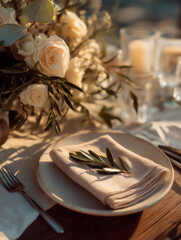 Rustic Wedding Table with Olive Twig and Linen Napkin