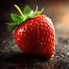macro of red strawberry with seeds and glossy shine, strong contrast on blurred background
