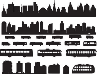 Obraz premium Cityscape Silhouette Vector Art: Buildings, Skyscrapers, Transportation, Buses, Urban Design Elements