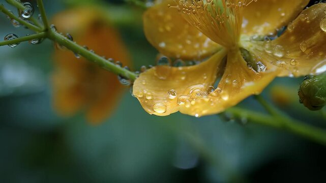 Close-up of bright yellow hypericum flower petals covered with dewdrops, showcasing vibrant colors and delicate nature details in a macro view.