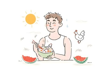 A cheerful young man enjoying a bowl of noodles with watermelon slices and a flying chicken under a bright sun on a sunny day